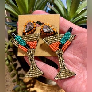 Beaded Martini Glass Statement Earrings - Gold, Turquoise, Orange
